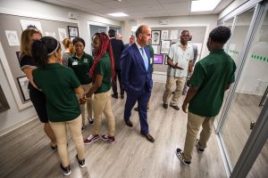 Students lead guests on the first tours of the newly-opened Applied Learning Center at Cathedral High School