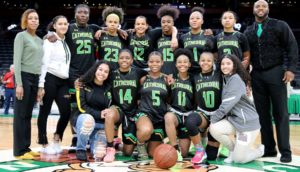 Cathedral High School Girls Basketball Team After Winning Massachusetts State Semi-Finals at TD Garden 2020