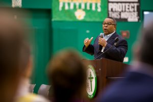 Robert Brown, Jr. delivers the Career Day keynote to Cathedral students and faculty